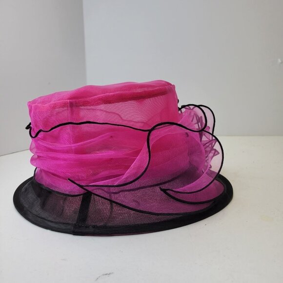 Pink and Black Ruffles Organza Packable Adjustable Dress Hat - Picture 11 of 16